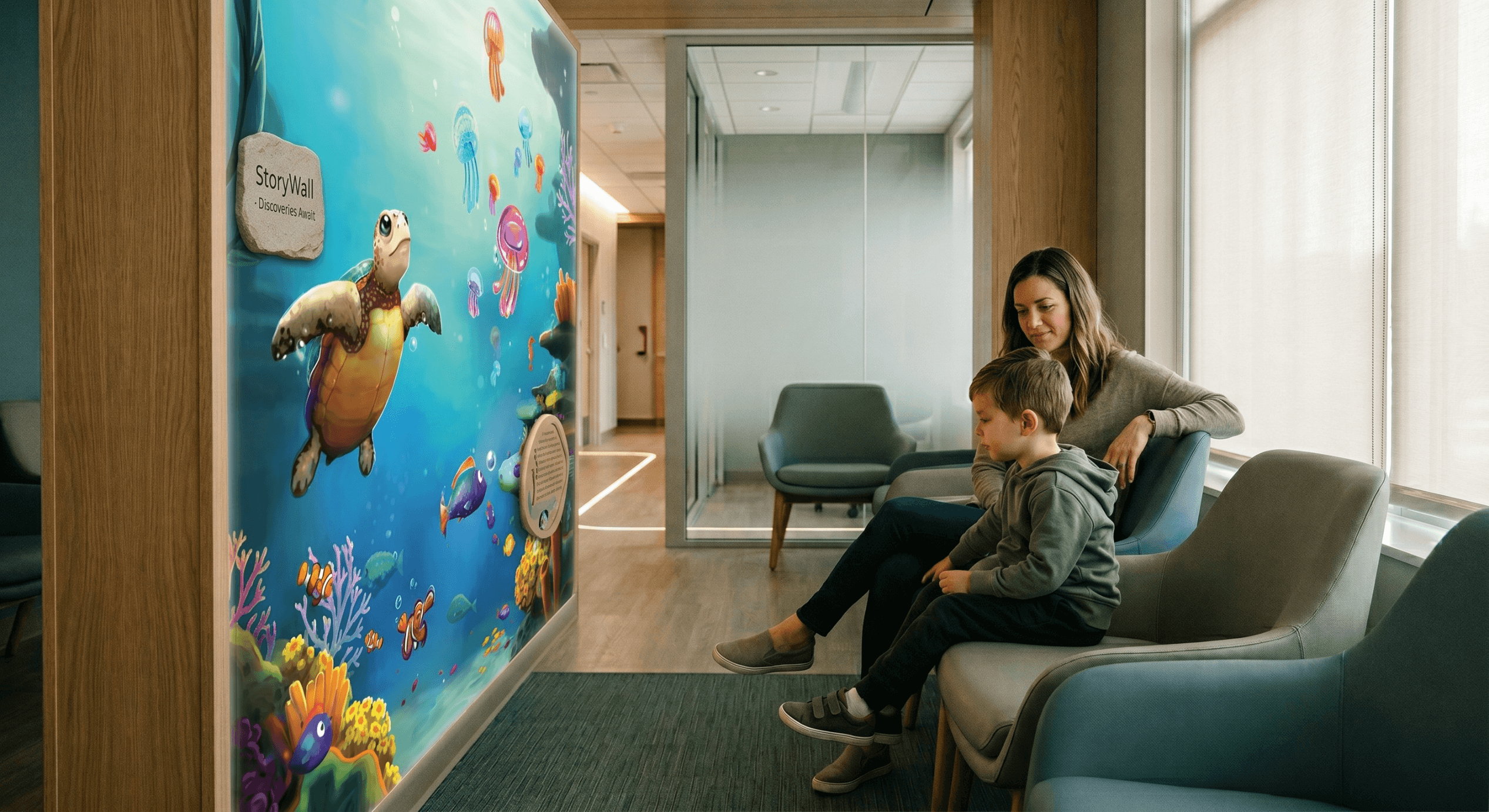 A child engaging with AR technology in a pediatric healthcare environment.